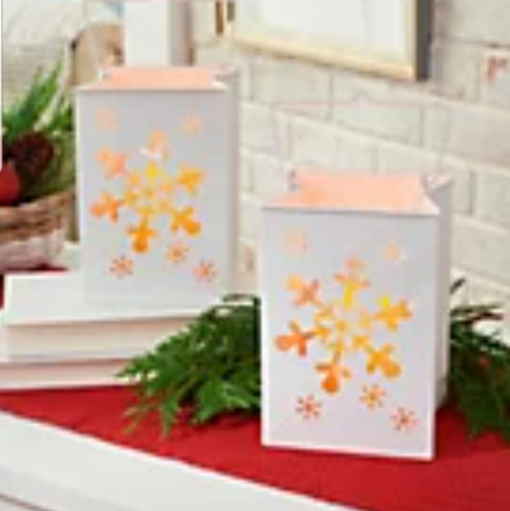 Indoor/Outdoor Flameless Candle  8" White  Metal Luminary with Snowflake design